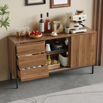 Produktbild von okwish Kommode mit 3 Schubladen und 2 Schiebetüren,geräumiges Sideboard mit Stauraum,vielseitig einsetzbar für Wohnzimmer,Natur