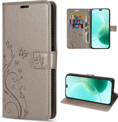 A collage of images showing a flip cover wallet case for a smartphone, including a view of the case open with cards and cash inserted, and a view of the case with the phone inside.
