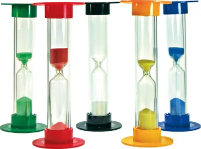 Produktbild von EDUPLAY 120-049 Sanduhren Set, groß, 15 cm hoch, mehrfarbig, 5-teilig (1 Set)