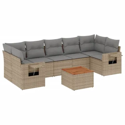 Produktbild von 8-tlg. Garten-Lounge-Set, modular mit Stauraum, PE-Rattan & Akazienholz, UV-beständig, Beige/Hellgrau
