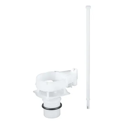 A white toilet flush valve component and a white rod are displayed against a white background.