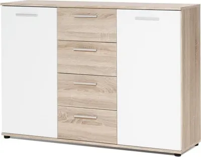 Produktbild von JACKY Klassisches niedriges weißes Sideboard mit Eichendekor - L 120 cm