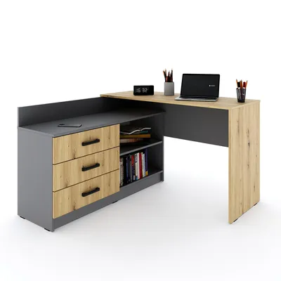 Produktbild von Marlux-Meble Schreibtisch mit Schubladen 3 und Regalen 2 | Eckschreibtisch Grau Matt - Artisan-Eiche | PC Schreibtisch L Form (Omega Schreibtisch Holz 131x120x76 cm)