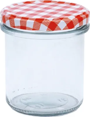 A clear glass jar with a red and white checkered lid.