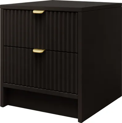 A dark brown nightstand with two drawers and gold handles, shown against a white background.