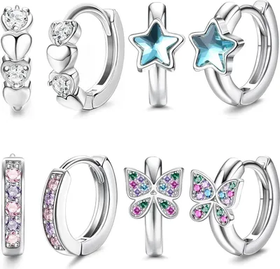 Produktbild von Kleine Silber Creolen Ohrringe Mädchen Zirkonia Set 4 Paar Herzen Schmetterlinge Sterne