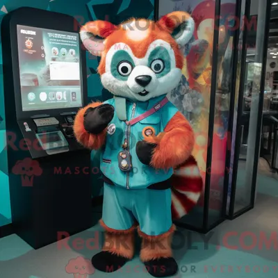 Produktbild von Maskottchen REDBROKOLY eines blaugrünen Roten Pandas mit Spielanzug und Digitaluhren