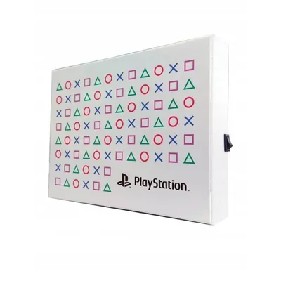 A white rectangular object with the PlayStation logo and symbols on it, set against a white background.