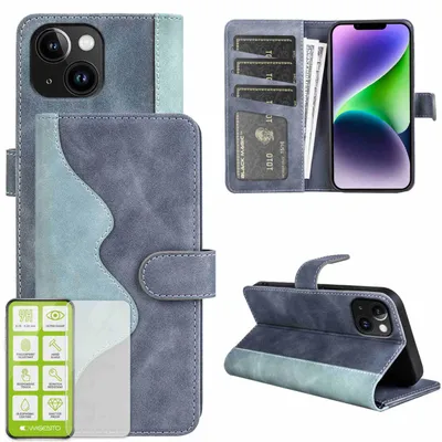 Obrázek produktu pro Pouzdro na mobilní telefon Apple iPhone 15, modré, z umělé kůže + tvrzené sklo H9