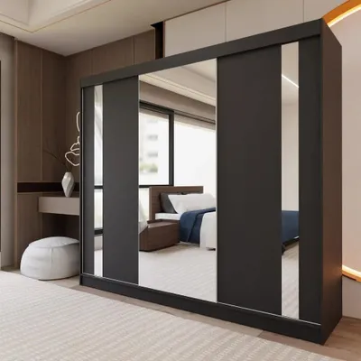 Produktbild von Schiebetürenschrank GAJA II 240 cm - 3-türig Kleiderschrank, Garderobe, Schrank mit Spiegeln, Kleiderstang & 4 Schubladen, Farbe: Schwarz