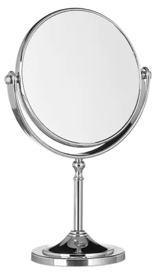 Image de Miroir de maquillage grossissant sur pied, miroir de maquillage rond à double face, dimensions (H x L x P) : 28 x 18 x 10 cm, argenté