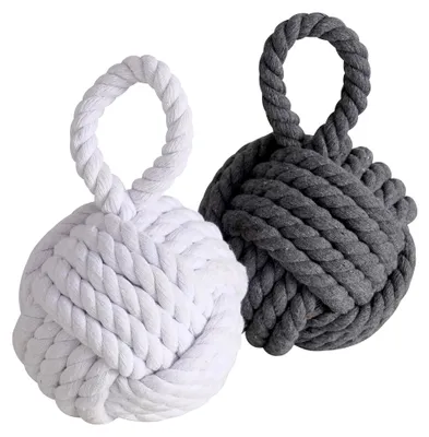 Produktbild von Türstopper Jute Knoten 2er Set 14 cm - grau und weiß - Türpuffer Kugel aus Strick im maritimen Design