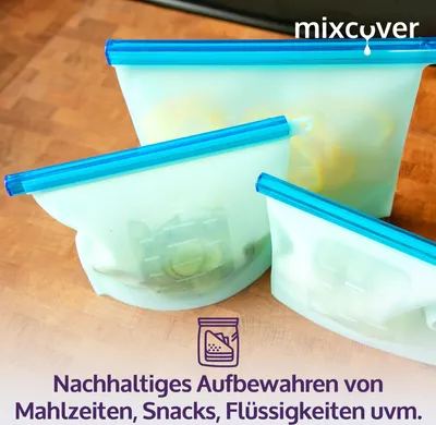 Produktbild von mixcover wiederverwendbare Frischhaltebeutel aus Silikon mit Verschluss, auslaufsicher, nachhaltig, BPA-frei, 3er Set, 500ml 1000ml 1500ml
