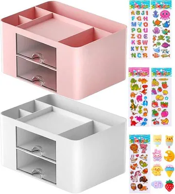 Imagen del producto de Ibenzoa®: Organizador de escritorio, compacto y multifuncional, con 5 compartimentos, en color rosa/blanco, ideal para oficina y teletrabajo