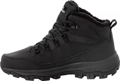 A side view of a black winter boot.