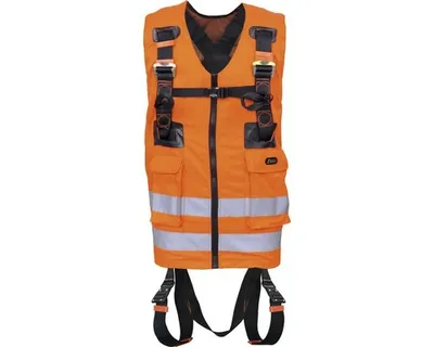 Produktbild von Kratos Zweipunkt Auffanggurt mit hoch-sichtbarer orangen Arbeitsweste, Warnweste, mehrere Taschen, PSA, EN361, EN471