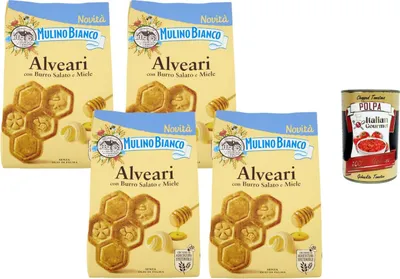 Produktbild von Mulino Bianco Alveari Butterkekse mit Salzbutter und Honig 4 x 300g knusprige italienische Kekse zum Frühstück Kaffee Snack Familienvorrat + Italian Gourmet polpa