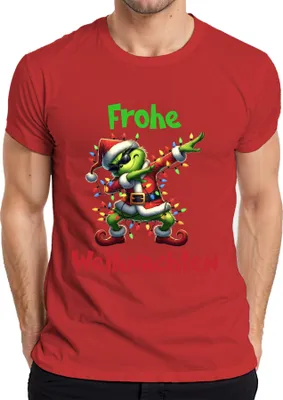 Produktbild von Frohe Weihnachten Dabender Grinch Weihnachtsmann Lichterkette Herren T-Shirt, Rot, XXL