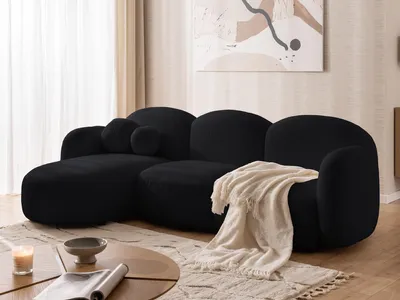 Produktbild von Nuvola - Moderne Ecksofa L-Form aus Schwarz Bouclé-Stoff mit abgerundetem Design und hohem Sitzkomfort