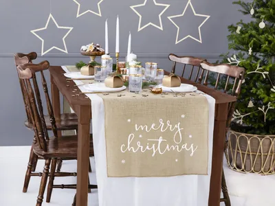 Image de Chemin de table Merry Christmas Noël Hiver Jute Chemin de table Merry Christmas