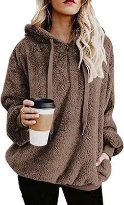 Produktbild von ASKSA Damen Pullover Langarm Winter Hoodie Warm Teddy Fleece Oversize Kapuzenpullover Oberteile Tops, Braun, L