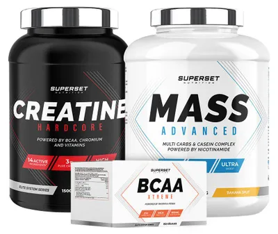 Zdjęcie produktu dla Potwierdzony Program Przyrostu Wagi - Mass Advanced 2,5kg Banana Split - Hardcore Creatine 1,5kg Tropical - BCAA Xtreme