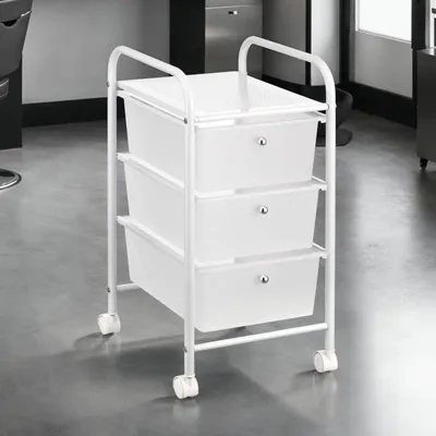 Produktbild von Badregal Rollwagen Rollcontainer GINA, mit 3 transparenten Schubladen und Metallgestell in weiß lackiert