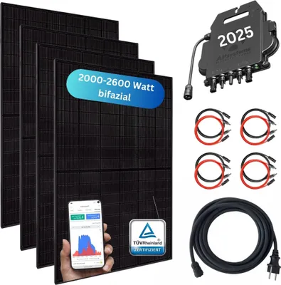 Produktbild von MYVOLTAICS Balkonkraftwerk MyBasic XXL 2000+ Watt, bifazial, Wechselrichter (APsystems 2025), Steckerfertig - einstecken. fertig. - 5m