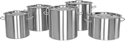 A group of five stainless steel stock pots with lids are arranged on a white background.