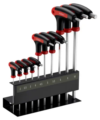 Produktbild von Wiltec Innensechskantschlüsselsatz 11tlg. 2-10mm mit 15-28cm Länge und thermoplastischen Gummigriffen in T-Form, Innensechskant Winkelschlüssel Satz