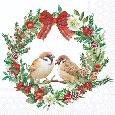 Produktbild von 20 Servietten Sparrows in Wreath - Spatzen in Weihnachtskranz 33x33cm