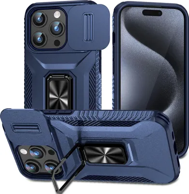 Produktbild von Handyhülle für iPhone 15 Pro Max Dual Layer Hülle mit Schiebe Kamera Schutz und Ringhalter Ständer Blau