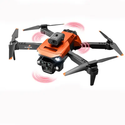 Imagen del producto de Dron con sistema de tres cámaras y cámara 4K HD. Cuadricóptero para grabación vertical, con control remoto y sistema de evitación de obstáculos, color naranja