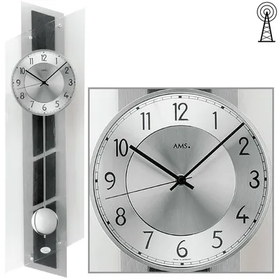 Produktbild von AMS 5217 Wanduhr Funk Funkwanduhr mit Pendel silbern Pendeluhr Glas und Schiefer