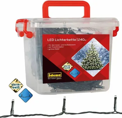 A clear plastic storage container with a red handle and red clasps, containing a string of LED Christmas lights. The front of the container has a red and white label with product information and an image of a decorated Christmas tree.