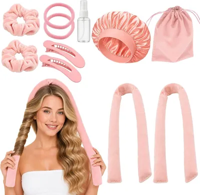 Produktbild von Lockenwickler-Set ohne Hitze, 11-teilig, in 2 Größen, mit Haargummis und Haarklammern für Locken über Nacht bei langem und mittellangem Haar, Rosa