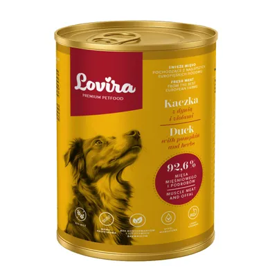 Immagine prodotto di Cibo umido per cani LOVIRA Anatra con zucca ed erbe 92,6% di carne 400g