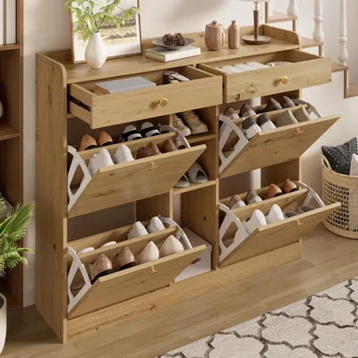 Produktbild von okwish holzfarbener Schuhschrank,Eingangsschrank mit 2 Schubladen und 3 offenen Fächern,Schuhkommode mit 4 Klapptüren,Flurschrank,Natur