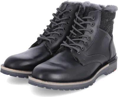 A pair of black winter boots with grey fur lining and laces, presented on a white background.