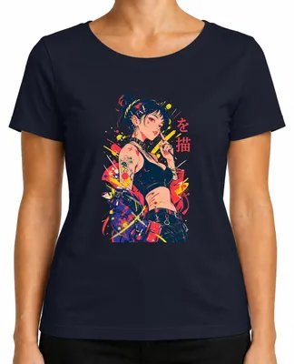 Imagen del producto de Camiseta para mujer con diseño de "Anime Girl", estilo japonés, para amantes del manga y la cultura otaku, con temática japonesa y estética Y2K. Color: azul marino. Talla: S