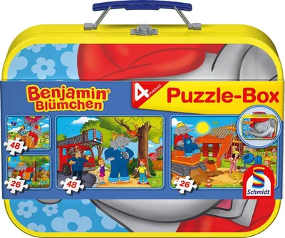 Imagen del producto de 2 x 26 + 2 x 48 piezas. Puzzle infantil de Schmidt Spiele, colección "Benj. Blümchen", modelo "Koffer", número de artículo 55594