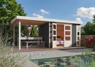 Produktbild von Karibu Gartenhaus Gerätehaus Kerko 4 im Set mit Anbaudach 2,80 m Breite terragrau 561x217x211 cm