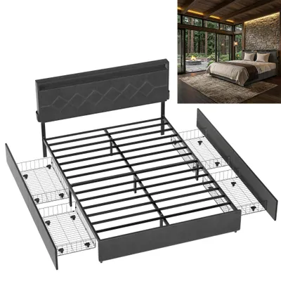 Produktbild von XINZI Velours Polsterbett Schlafzimmer mit Stauraum & Schubladen, Gepolstertes Kopfteil, Hohe Belastbarkeit, Einfache Montage 140×200 cm, Dunkelgrau