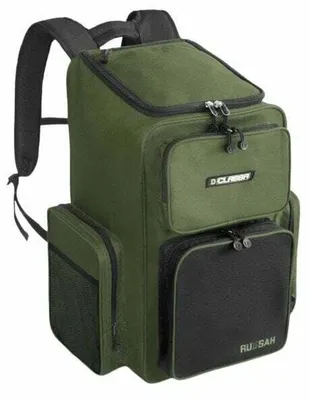 A green and black fishing backpack.