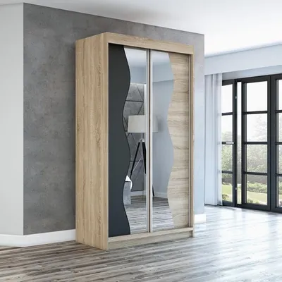 Produktbild von Schwebetürenschrank, 2-türig Schrank mit Spiegel! Moderne Garderobe für Kleidung. Verschiedene Farben (Weiß, Schwarz, Somona) Kleiderschrank RIMA 120 cm