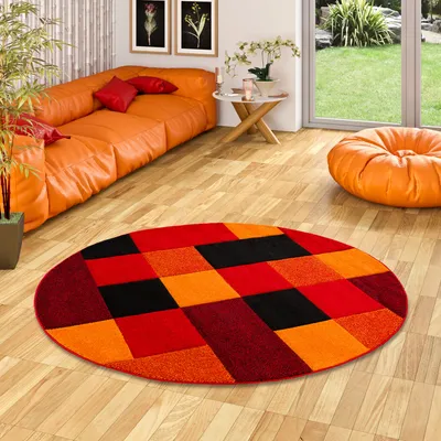 Produktbild von Designer Teppich Brilliant Rot Orange Karo Rund, Größe:160 cm Rund