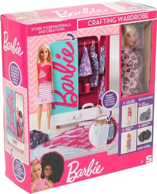 A Barbie Crafting Wardrobe playset box, featuring a Barbie doll and various crafting accessories.