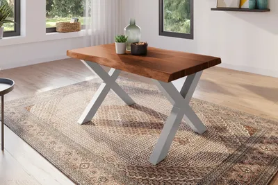 Produktbild von Esstisch 120 x 80 cm Akazie massiv nussbaum Baumkantentisch X-Gestell silber ATLAS
