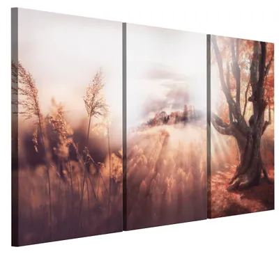 Produktbild von LUMASOUL Leinwand Bilder 90x60 cm, Leinwandbild Wald Motiv, Wandbilder Holzrahmen und Webstuhl Wohnzimmer und Schlafzimmer, 3 teilig Natur 04