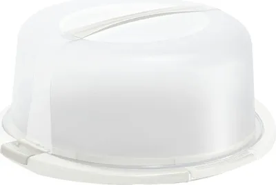 A clear, studio shot of a transparent cake dome with a white base and handle, isolated on a white background.